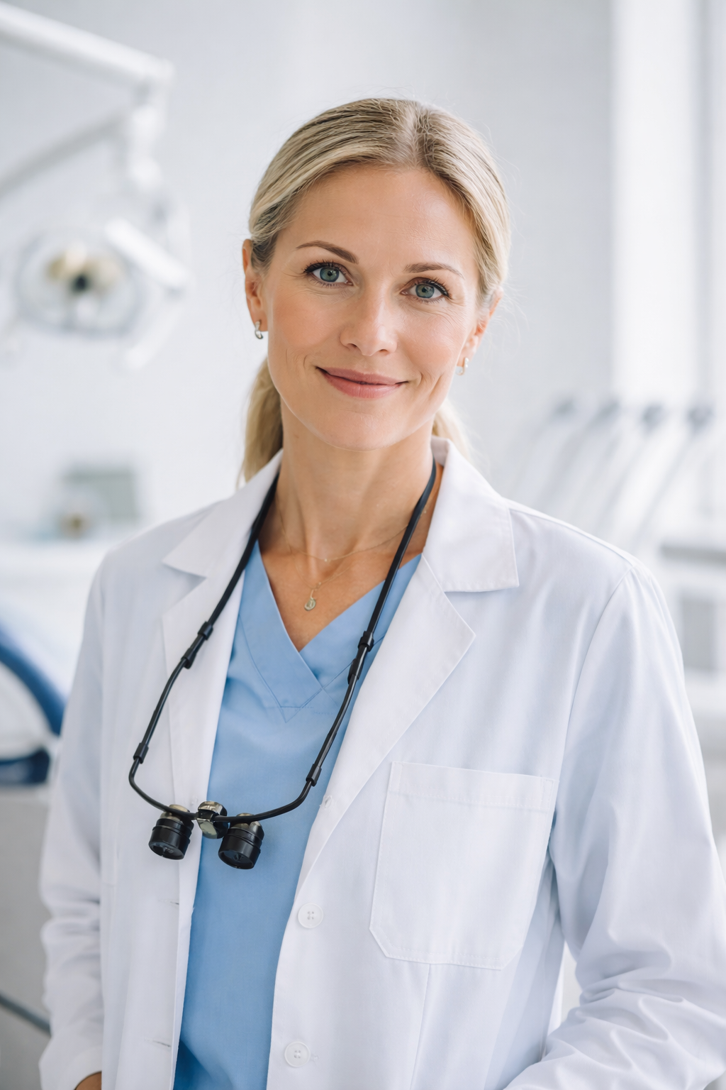 Kvinnlig tandläkare i klinikmiljö