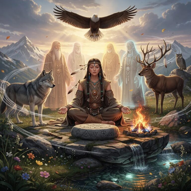 En kvinnlig shaman sitter på sin kraftplats